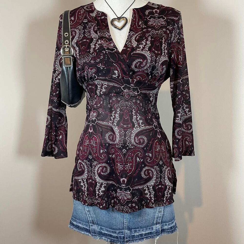 Y2K Micro Mesh Fairy Whimsygoth Paisley Print Paddy Lee Fashion V-neck Blouse